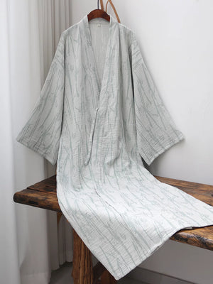 Full-length gray bamboo leaf cotton gauze robe showing the flowing 120 or 135 cm silhouette