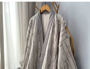 Gray collar and woven bamboo leaf pattern detail on the cotton gauze robe