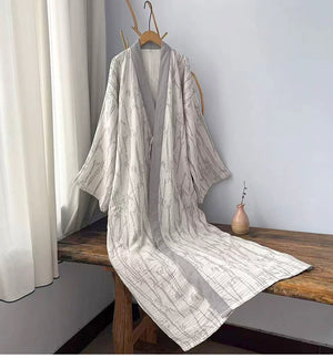Gray bamboo leaf cotton gauze robe hanging to show the relaxed silhouette and 120 or 135 cm length