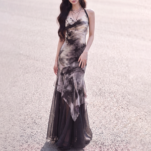 Black and white ink print halter dress full-length view