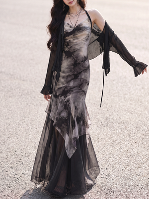 Black and white ink print halter dress with black chiffon cardigan front view