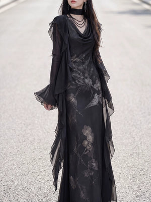 Black floral cowl-neck dress with long ruffle chiffon cardigan
