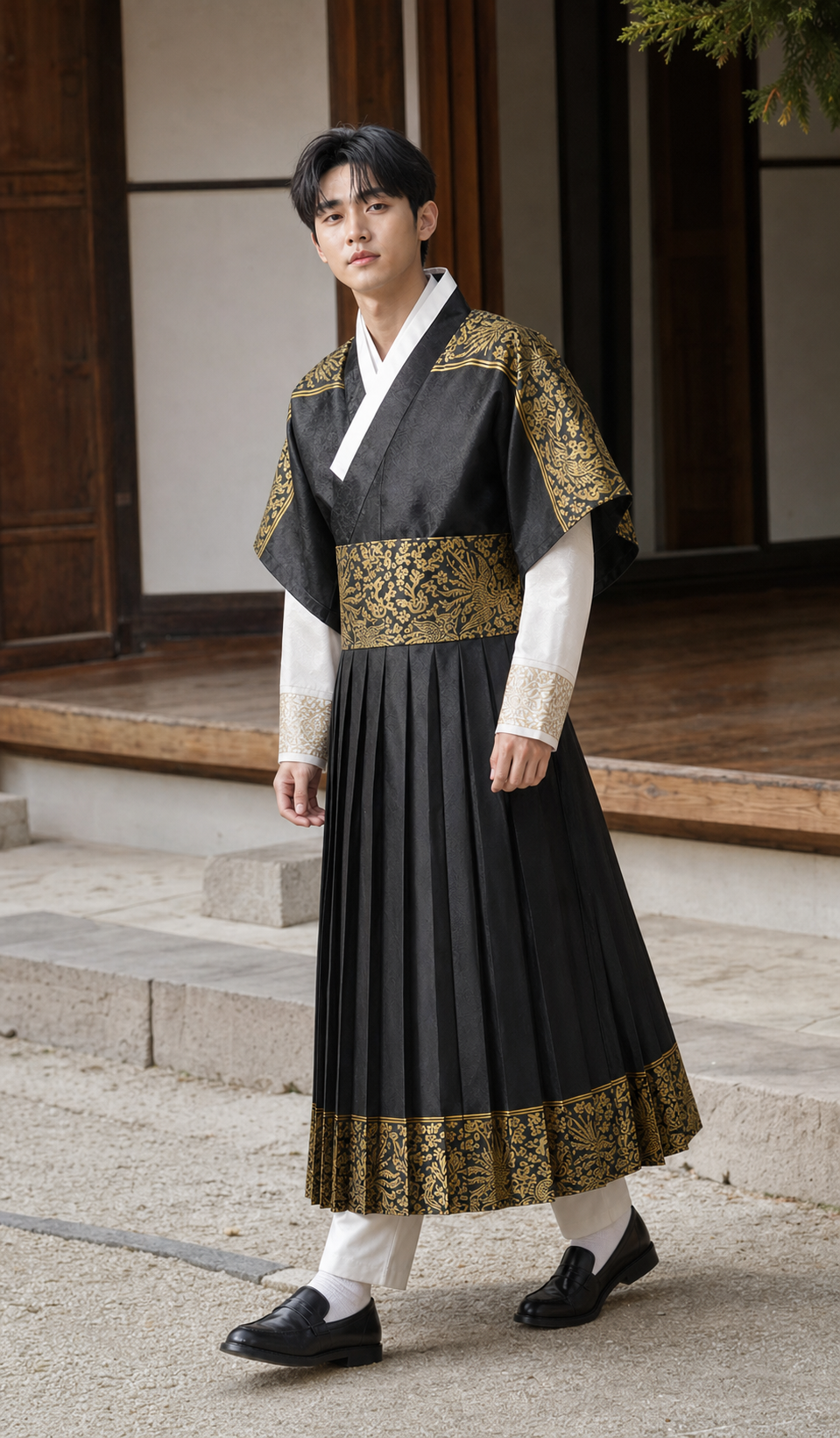 Black gold men's Korean hanbok robe set hanok walking lifestyle photo
