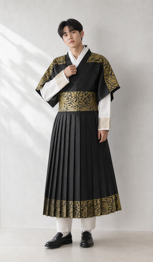 Black gold men's Korean hanbok robe set clean casual studio photo