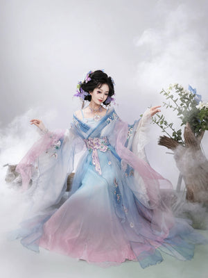 Blue butterfly hanfu layered skirt and embroidered waist sash