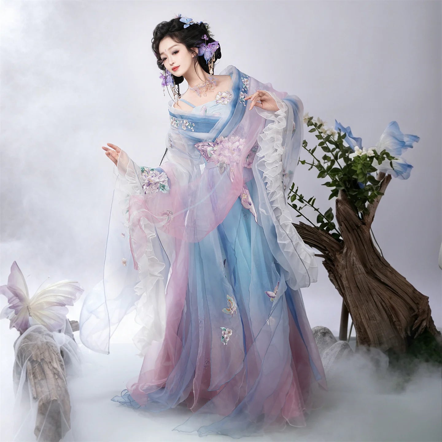 Blue five-piece butterfly hanfu full-length view