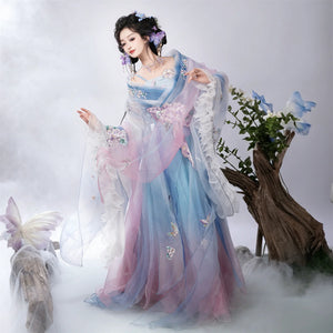 Blue five-piece butterfly hanfu full-length view