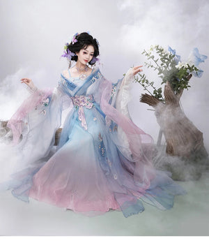 Blue gradient hanfu wide sleeves and layered skirt