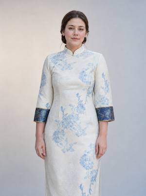 Blue Porcelain qipao Mandarin collar, jacquard and cobalt embroidered cuff detail