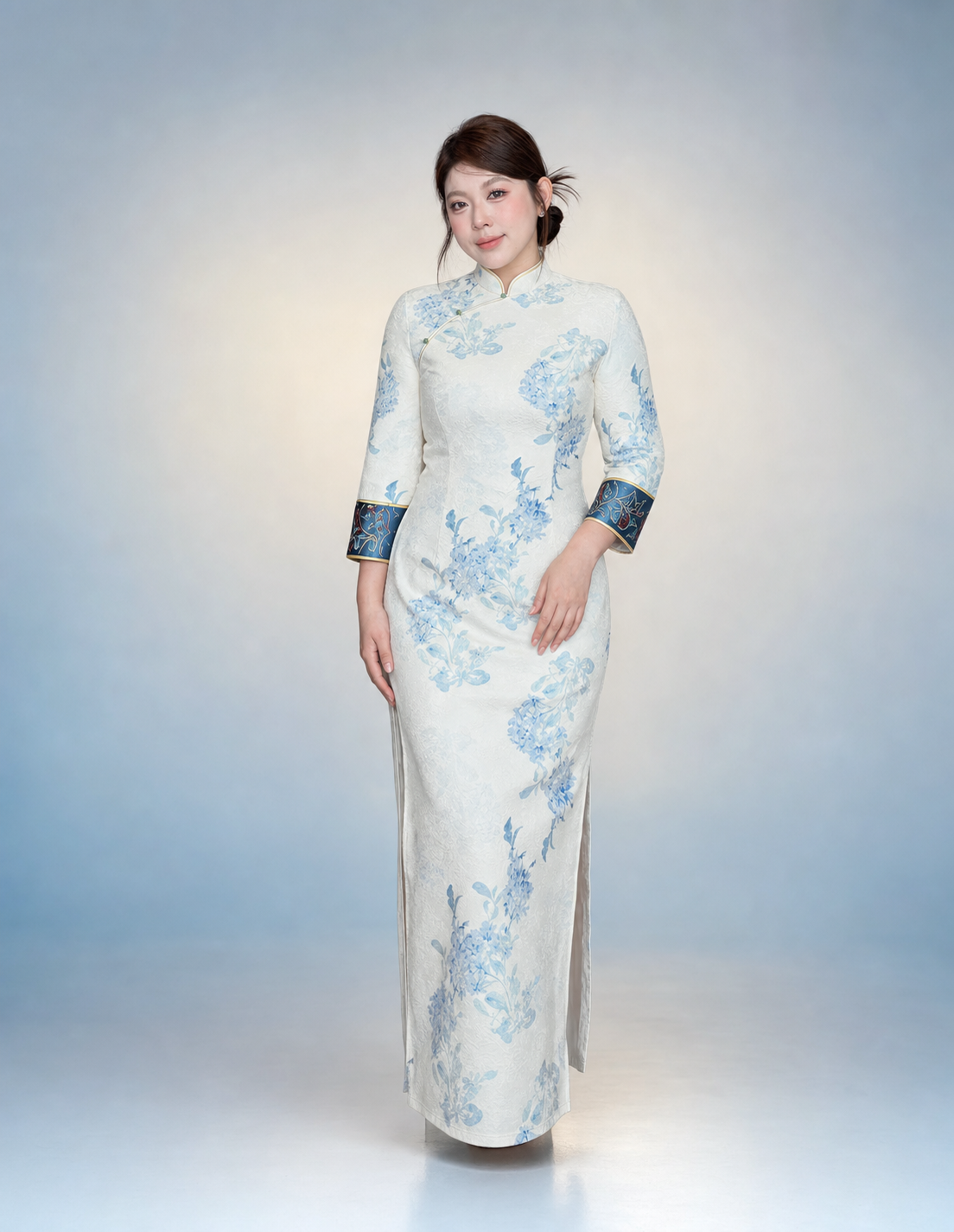 Blue Porcelain jacquard plus size qipao on Chinese model, full front gradient studio hero