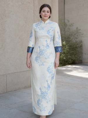Blue Porcelain plus size qipao on Western model in soft outdoor daylight