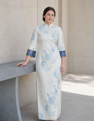 Blue Porcelain plus size qipao Western model three-quarter fit view