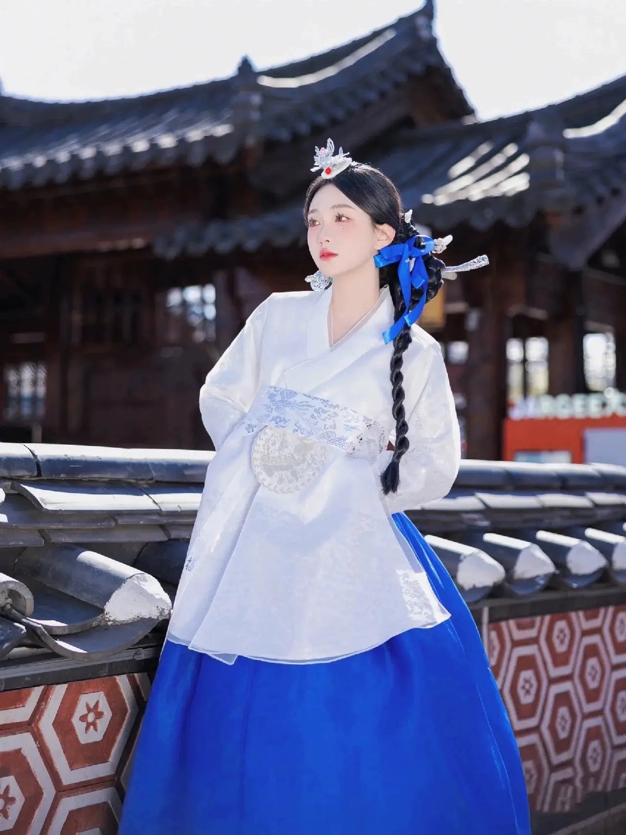 Blue & white princess hanbok for women – modern Korean palace-style traditional dress with flowing skirt, perfect for weddings, performances, events, and photoshoots
