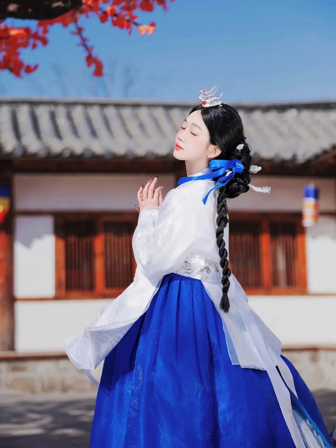 Blue & white princess hanbok for women – modern Korean palace-style traditional dress with flowing skirt, perfect for weddings, performances, events, and photoshoots