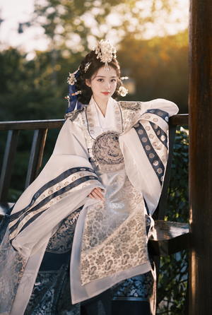 Seated view of white and navy Hanbok with silver floral brocade panels