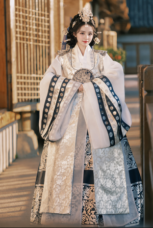 Full front view of white and navy royal court Hanbok with silver floral panels and wide sleeves