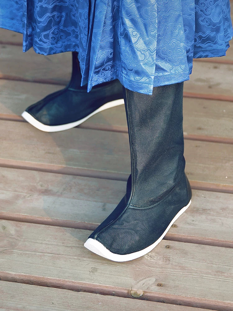 Breathable black mesh Hanfu boots with tall shafts, upturned toes, and white EVA soles