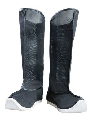 Pair of tall black mesh Hanfu boots showing curved openings and flexible white soles