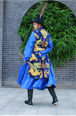 Model wearing black summer Hanfu boots with blue Ming-style historical Chinese clothing