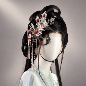 Silver-tone butterfly hair clip with red accents and dangling chains