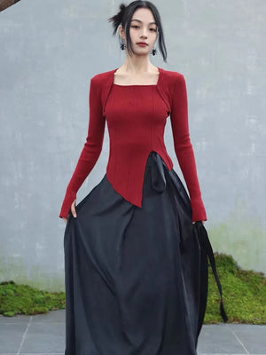 New Chinese style | suit women's early spring sweater fake two piece knitted black & red top - Yandan_Hanfu