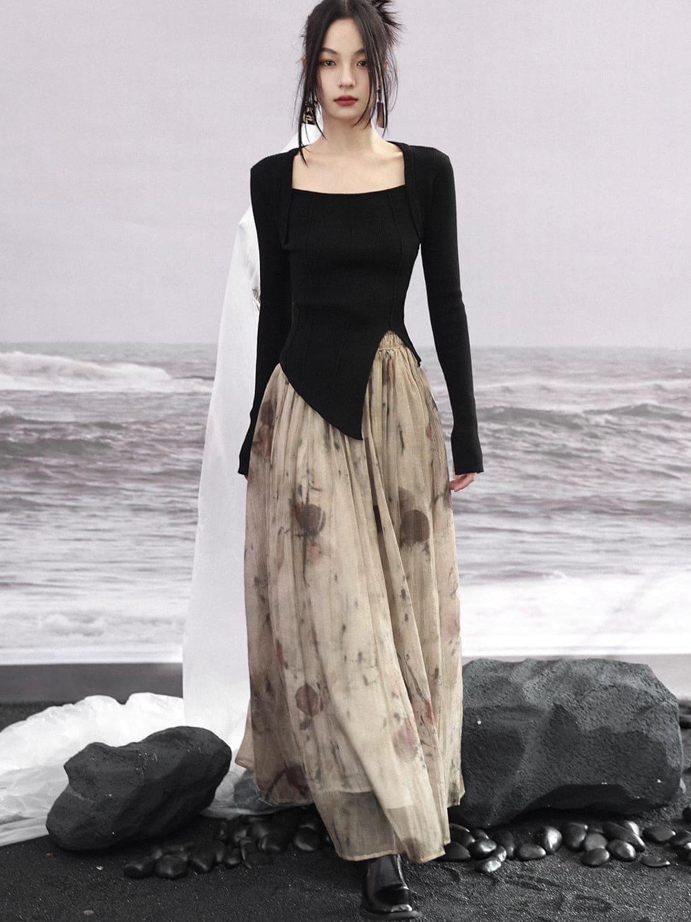 New Chinese style | suit women's early spring sweater fake two piece knitted black & red top - Yandan_Hanfu