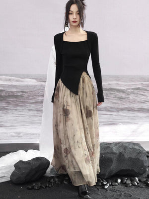 New Chinese style | suit women's early spring sweater fake two piece knitted black & red top - Yandan_Hanfu