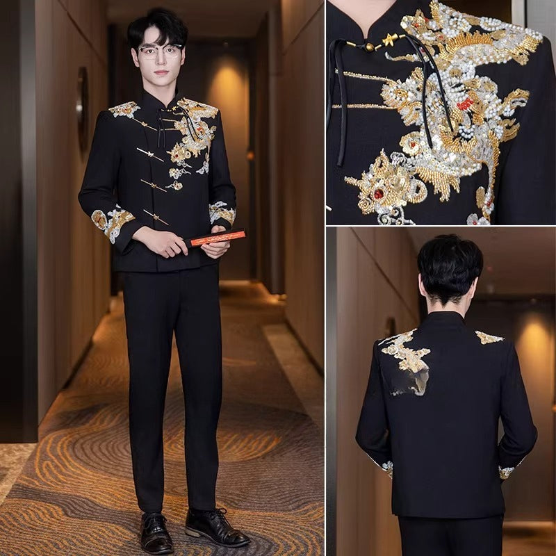Black embroidered dragon Chinese men's suit, front and back views