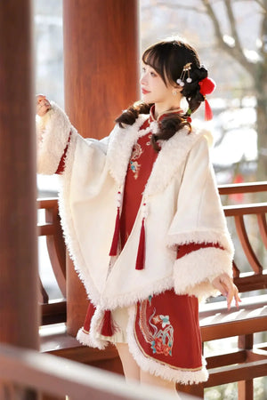 Ode to Longchun Chinese Style Long Cloak Improved Han Element New Year Red New Year's Cloak Long Sleeve Dress - Yandan_Hanfu