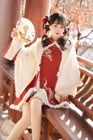 Ode to Longchun Chinese Style Long Cloak Improved Han Element New Year Red New Year's Cloak Long Sleeve Dress - Yandan_Hanfu