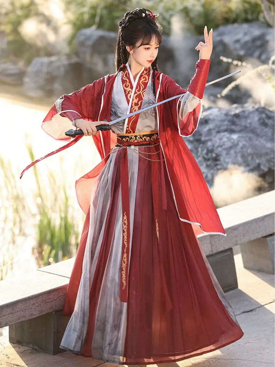 Red modern hanfu dress for women, blending traditional Song Dynasty elegance with contemporary style. Crafted from luxurious silk, this hanfu includes an optional matching coat or jacket, making it suitable for winter, casual outings, or formal occasions like graduations. Available at our online hanfu shop, offering a range of authentic hanfu for sale, this piece combines the beauty of classic Chinese clothing with modern fashion elements from top Chinese brands. Perfect for anyone looking for where to buy
