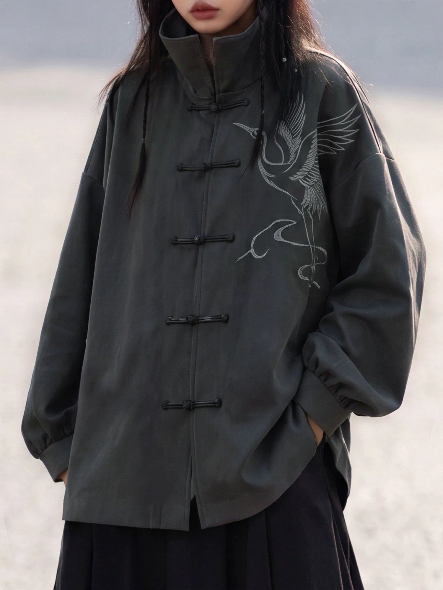 Charcoal Crane Chinese Jacket | Stand Collar & Frog Closures
