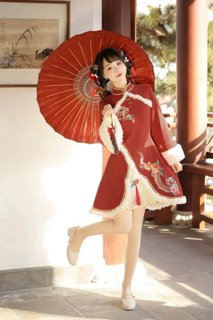 Ode to Longchun Chinese Style Long Cloak Improved Han Element New Year Red New Year's Cloak Long Sleeve Dress - Yandan_Hanfu