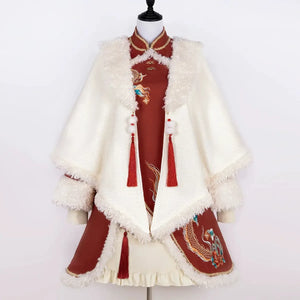 Ode to Longchun Chinese Style Long Cloak Improved Han Element New Year Red New Year's Cloak Long Sleeve Dress - Yandan_Hanfu