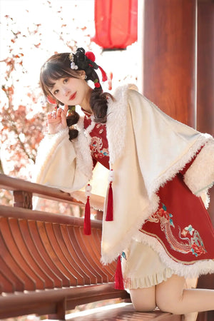 Ode to Longchun Chinese Style Long Cloak Improved Han Element New Year Red New Year's Cloak Long Sleeve Dress - Yandan_Hanfu