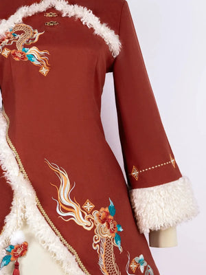 Ode to Longchun Chinese Style Long Cloak Improved Han Element New Year Red New Year's Cloak Long Sleeve Dress - Yandan_Hanfu