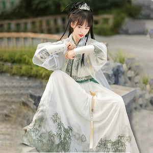 A traditional Chinese hanfu in a beautiful combination of pink and green, designed for women. This elegant dress is perfect for celebrating Chinese festivals like the Lunar New Year, as well as for cultural performances or cosplay events, showcasing classic Chinese fashion with a modern twist.