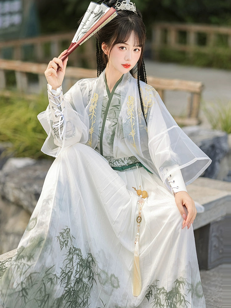 A traditional Chinese hanfu in a beautiful combination of pink and green, designed for women. This elegant dress is perfect for celebrating Chinese festivals like the Lunar New Year, as well as for cultural performances or cosplay events, showcasing classic Chinese fashion with a modern twist.