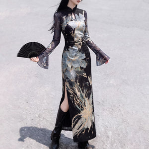 Closer view of the black qipao with pale floral print