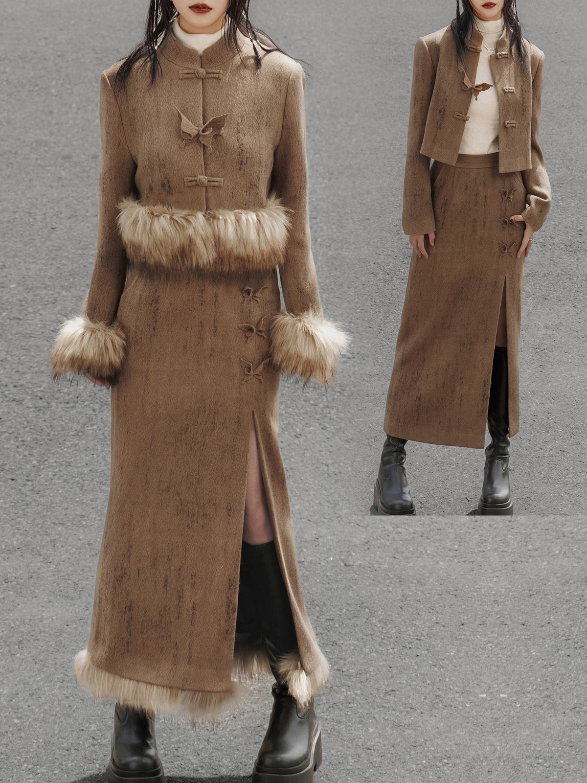 Coffee Chinese jacket and midi skirt with detachable faux-fur trim