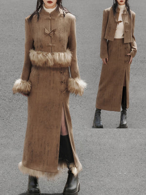 Coffee Chinese jacket and midi skirt with detachable faux-fur trim