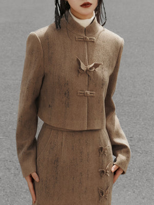 Coffee Chinese jacket butterfly frog closure detail