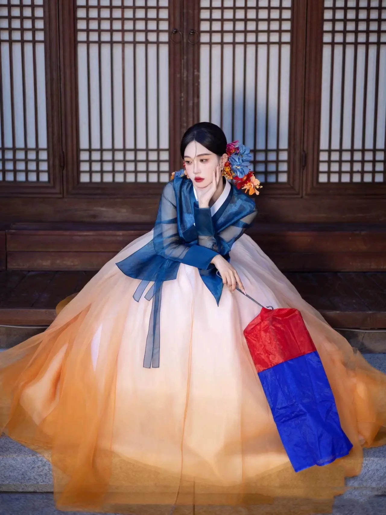 Colorful blue and orange hanbok dress for women – modern Korean palace-style traditional costume with flowing skirt, perfect for dance, events,performance, stage shows, and photoshoots