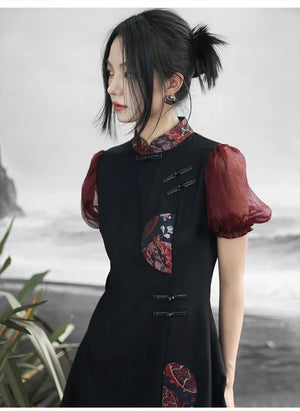 New Chinese style retro sweet and cool bubble sleeve jacquard contrasting color splicing skirt - Yandan_Hanfu