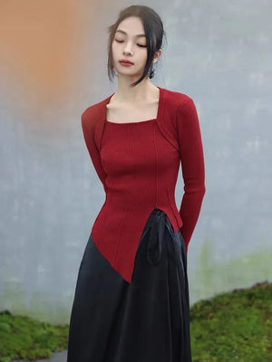 New Chinese style | suit women's early spring sweater fake two piece knitted black & red top - Yandan_Hanfu