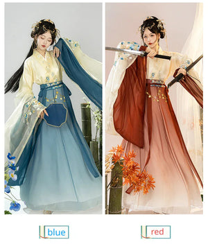 Wei Jin | Hanfu Women's Blue & Red Princess Dress Waist-length Broken Skirt Embroidery Suit - Yandan_Hanfu