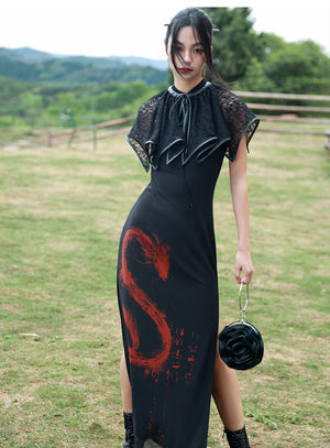 Full-body view of model in Dark Gothic Shawl Women's Summer Vintage Irregular Lace Short Cloak and black dress with red S-shaped design.