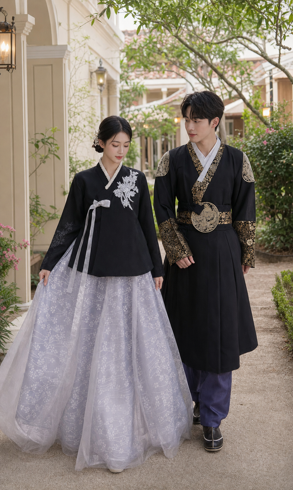 Dark Korean couple hanbok full-body garden walk with corrected women's black jeogori top and silver-gray patterned chima skirt