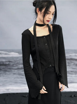 New Chinese Style: Exquisite and elegant sequined feather satin skirt suit with dark fishtail skirt& black flared sweater top - Yandan_Hanfu