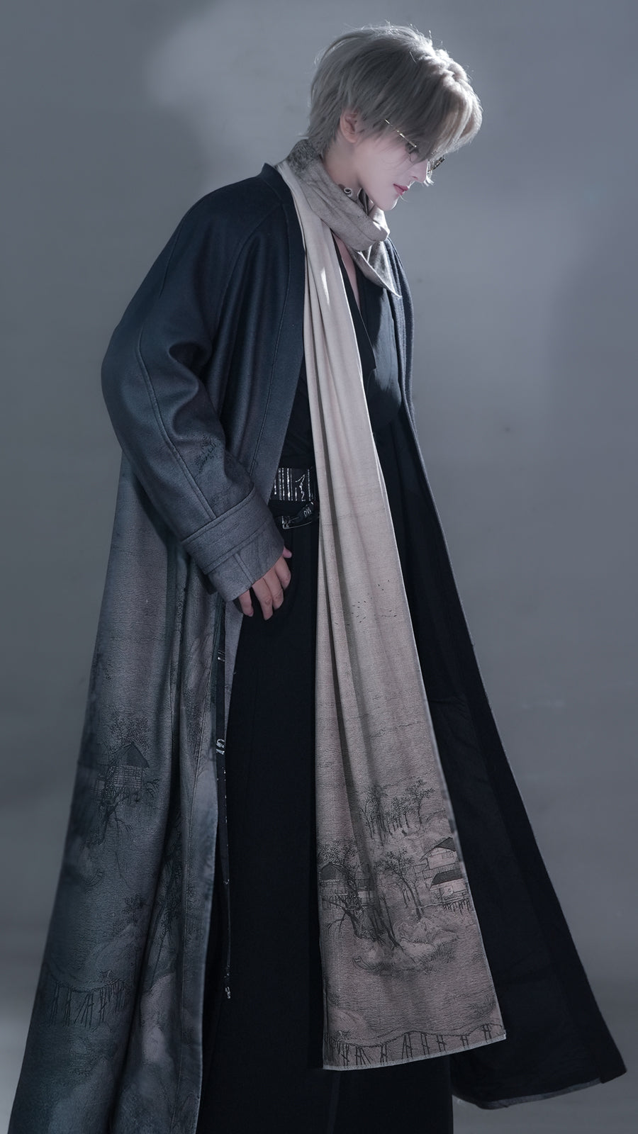 Rivers and Mountains Wool Coat - Black Grey Gradient Chinese Landscape Print Overcoat